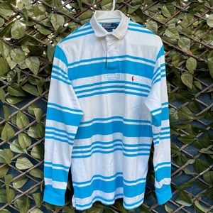 Men's Polo Ralph Lauren Blue and White Polo Rugby Shirt Men's Size Medium